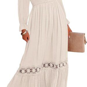 Women's 2025 Boho Long Sleeve Square Neck Smocked High Waist Flowy A Line Lace T